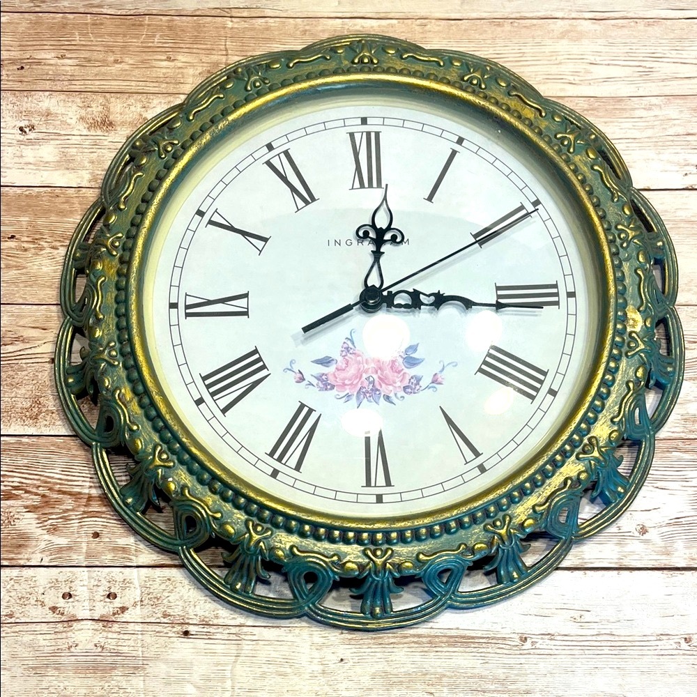Vintage-Inspired Gold and Green Wall Clock